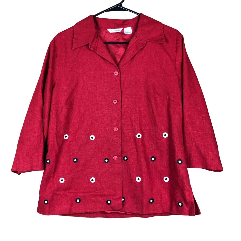 Richard Malcom Womens Blouse Red Embroidered Floral 3/4 Sleeve Linen 12